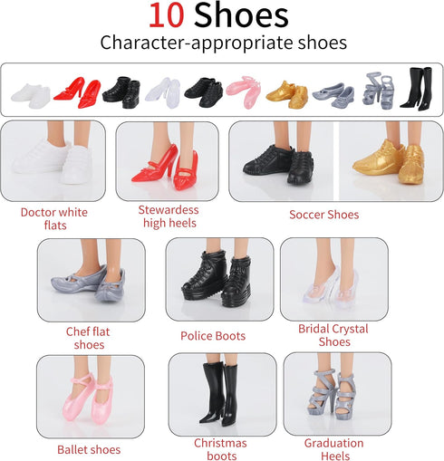 51 Pcs Doll Career Clothes & Accessories, 10 Sets of Role-Playing Clothing & 10 Pairs of Shoes for 11.5 Inch Dolls
