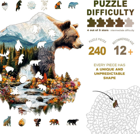 240pcs 13.3 13.5in Wooden Puzzles for Adults - Bear and Nature Wooden Jigsaw Puzzle - Unique Animal Shaped Wood Puzzles