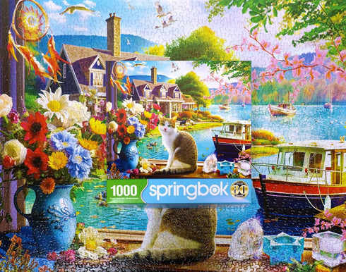 Springbok Crisp Morning 1000 Piece Jigsaw Puzzle for Adults and Families - Cat Enjoying Lakeside View, 30" x 24"