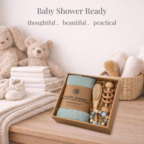 BoxLux Newborn Baby Gift Box with Bamboo Muslin Swaddle Blanket, Wood Rattle Toy and Wool Brush, Welcome Box for Baby