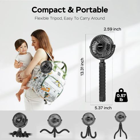 COMLIFE 10Hrs 3 360 Baby Stroller Fan With Light, Rechargeable Battery Operated, Max Cooling, Speeds, Rotate USB Desk
