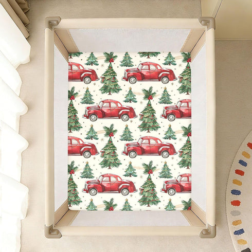 KICPOAY 52x28 Christmas Trees Cars Vintage Toddler Bed Crib Sheets Baby Crib Sheets Cover for Soft Mini Crib Mattress
