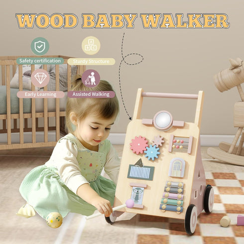 9+ Wooden Baby Walker, Baby Push Walker with Wheels Multiple Learning Activity Center Baby Walker Adjustable Height