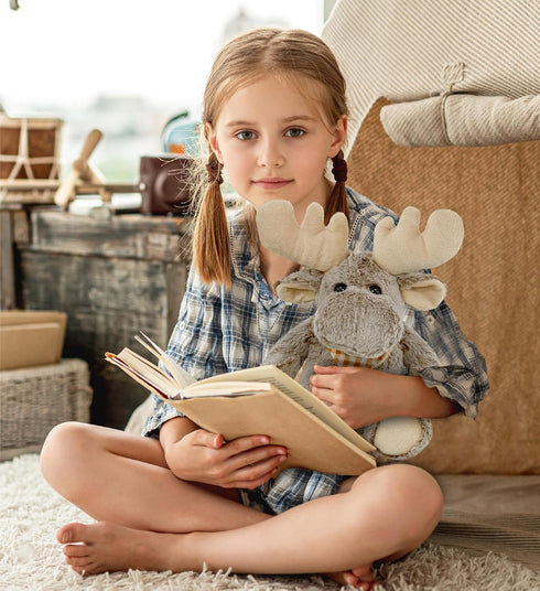 DolliBu Brown Sitting Moose Plush Toy, Super Soft Stuffed Animal, 11 Inches