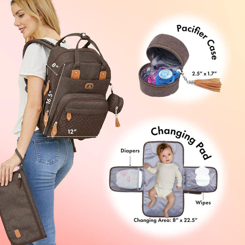 Backpack Pack Dikaslon Diaper Bag with Portable Changing Pad, Pacifier Case and Stroller Straps, Large Unisex Baby Bags