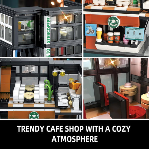 City Coffee House Architecture Building Blocks Set, Modern Cafe Shop Construction Toy with Light, Gift for Kids 6-12