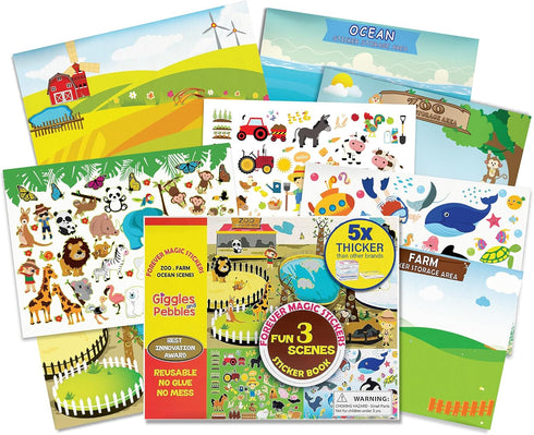 Giggles & Pebbles Educational Magic Sticker Pad Book for Kids, Reusable Non-Adhesive Stickers with Farm, Zoo, Ocean