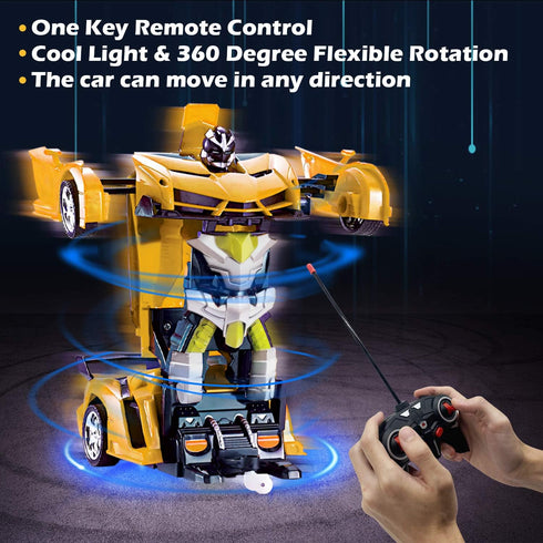 AMENON Remote Control Transform Car Robot Boys Toys with Lights RC Car 2.4Ghz 1:18 Rechargeable 360°Rotating Race Car Birthday Gifts Toys for Kids Boys Girls Party Favors (Yellow)