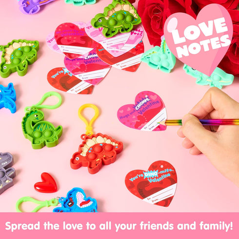 28 Packs JOYIN Valentine's Day Gift Cards with Pop Fidget Keychain Toys, Dinosaur Stress Anxiety Relief Fidget Toys