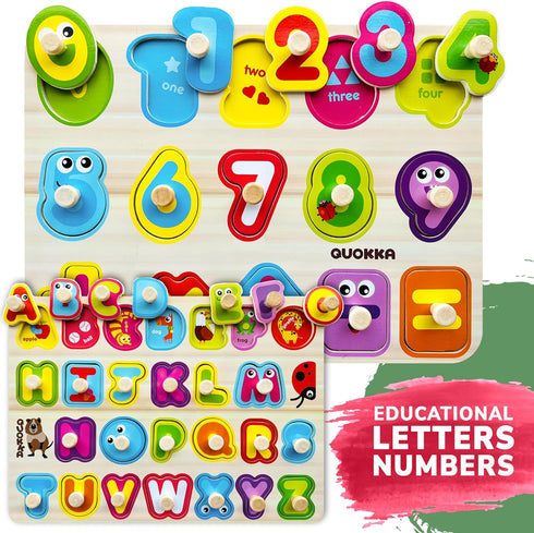 1-3 6XSET 2-4 3-5 QUOKKA Wooden Puzzles for Toddlers - Toddler Puzzles Ages with Rack - Learning Alphabet - Numbers