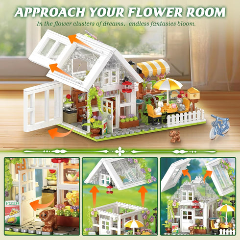 Husalari Set, 12+ (1188pcs) Flower House Building Block for Adults, Garden Architecture Building Toy with LED