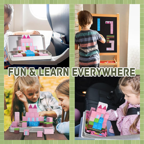 Jollynamy 1-3, 4-8, Mini Portable Magnetic Blocks with Iron Storage Box - Travel Magnet Building Block for Toddler STEM