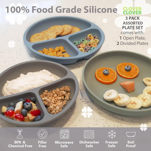 Suction Plates for Babies & Toddlers -100% Food-Grade Silicone, Baby Led Weaning Supplies, Microwave & Dishwasher Safe, 2 Divided Design & 1 Classic Design Plates (3 Pack) by Clover Clover