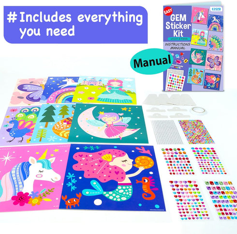 8 990+ 3-8 EZCRA Easy Arts and Crafts for Kids - Fun Gem Sticker Kit - Unicorn Princess Themes, Stickers - Gem Art