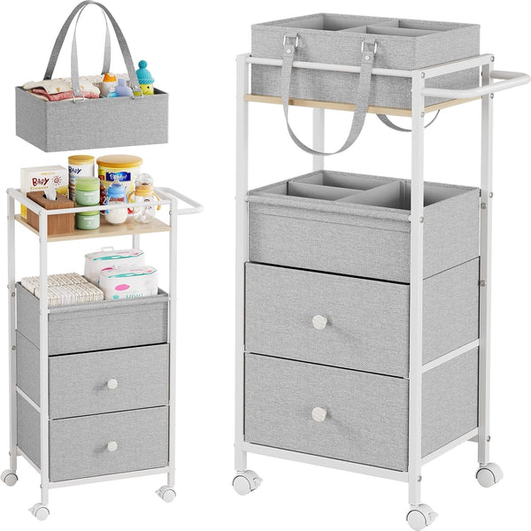 Modanais Baby Diaper Caddy Organizer Cart with Drawers - 3In1 Rolling Storage
