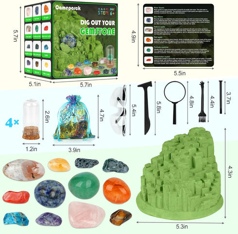 Gemstone Dig Kit - Unique Shape STEM Science Kit for Kids to Excavate 12 Real Gemstones, Educational DIY Toys