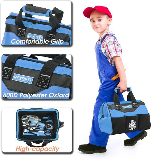 10-Piece Set Woodworking,6+ REXBETI Kids Tool with Real Hand Tools, Blue Durable Storage Bag, Children Learning Tool