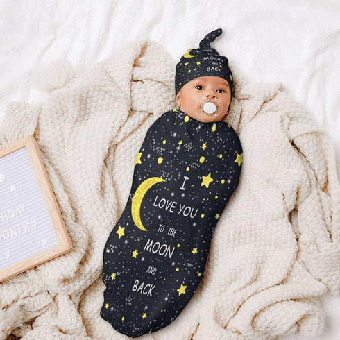 I Love You to The Moon and Back Newborn Baby Receiving Blanket with Beanie Hat Gifts for Boys and Girls
