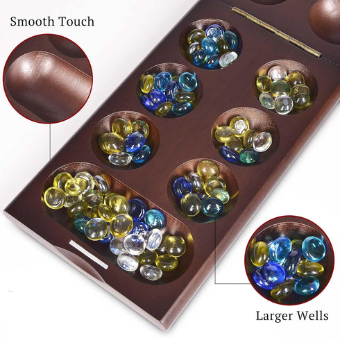 Wooden Mancala Board Game with Magnetic Lock - 48+8 Extra Multi Color Glass Stones, Folding Set for 2 Players, Ages 6+