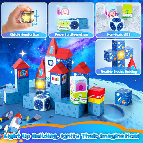 36 Set PCS Mini Magnetic Tiles Travel with Portable Iron Storage Box, STEM Learning Magnetic Building Blocks with LED