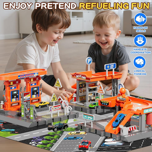 Playsets, 3-in-1 Playset, Playset, 1:64 1-3, Toy Cars Activity Drivers Gasstation, Car Wash, Car Restaurant Scale Toy