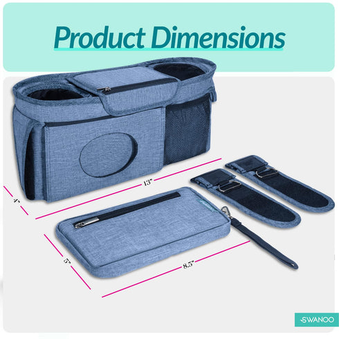 v2 Swanoo Stroller Caddy Organizer With Cup Holder, Non-Slip Straps, Bag for Phone, Pet Accessories, Universal Fits