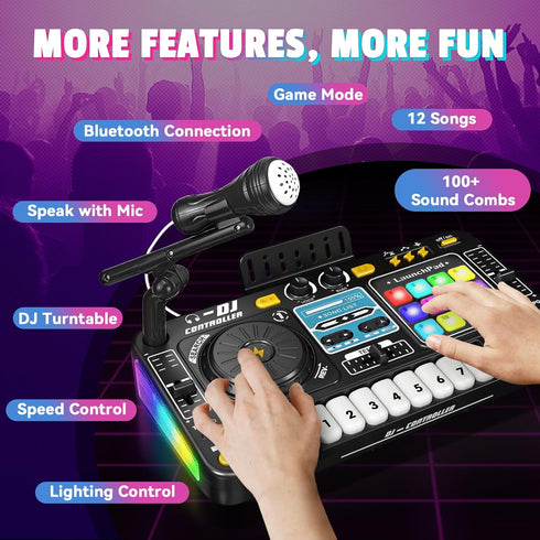 3 4 5 6 Set DJ Mixer for Kids, Toddler DJ Mixing Table with DJ Turntable, Game Mode, Light & Speed Control