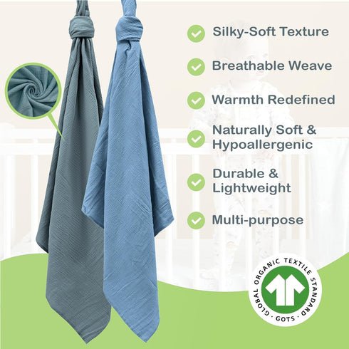 Organic Cotton Baby Muslin Blanket, Large 47x47 inches, Hypoallergenic Swaddle Blanket, Double Layer (Slate/Aquarius)