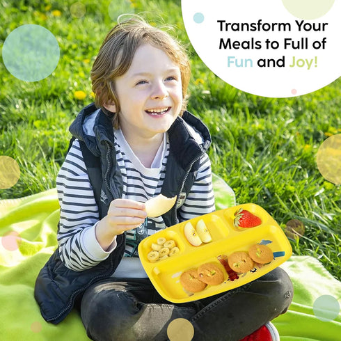 Toddler Plates With Dividers - Set of 4 Kids Dinner Plates, Brightly Colored Divided Tray, BPA Free, Fun Zoo Design