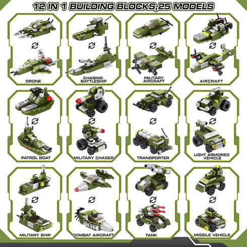 STEM Building Block Toys, 576PCS Military Engineering Bricks Toy, 25-in-1 Army Destroyer Tank Playset for Kids