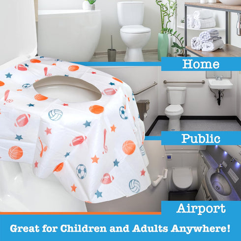 Disposable Toilet Seat Covers (6 Pack, Sports) - XL Waterproof Cover for Toddlers, Kids & Adults, Portable & Wrapped