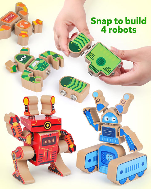 3 4 5 Playset, Coogam Fine Motor Building Robot Blocks for Years Old Kids, Wooden Snap Together Builders, STEM Take