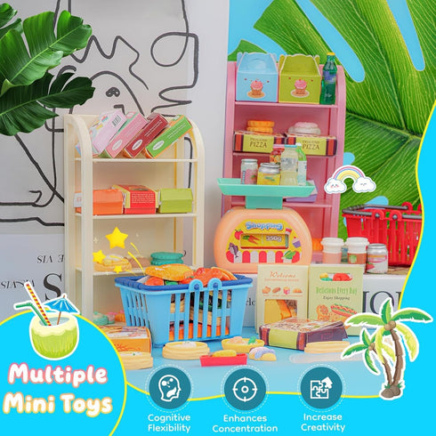 YOUHORYA 196Pcs Mini Shopping Cart Basket Trolley Grocery Game Model Miniature Drink Bottle Food Pizza with Box