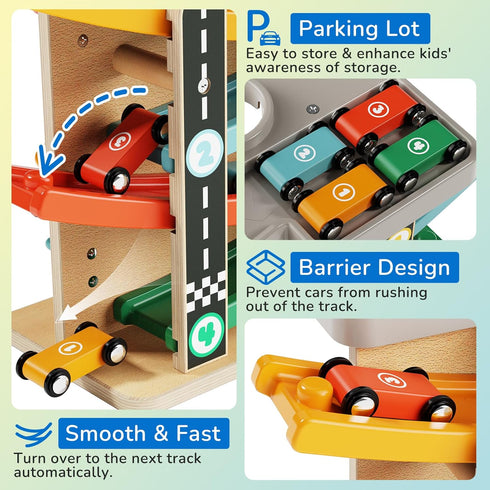 2-in-1 Set 1 2 3 Wooden Car Ramp Race Track Pound Ball Toddler Toy Ball Drop Baby Toy Gift for Year Old Boys Girls