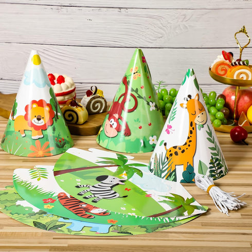 30 Pcs Animal Party Hats for Kids Safari Birthday Cone Hats for Jungle Zoo Birthday Party Supplies