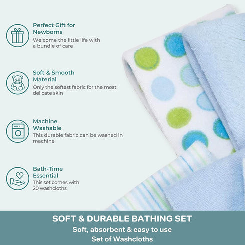 Set Set-Pack 20, Spasilk Washcloth Wipes For Newborn Boys And Girls, Soft Terry Washcloth Of Blue Dot
