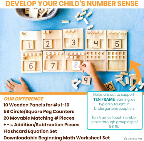 LITTLE BUD KIDS Counting Pegs - A Wooden Montessori Math Toy with Ten Frame Math Game, Addition and Subtraction Flash