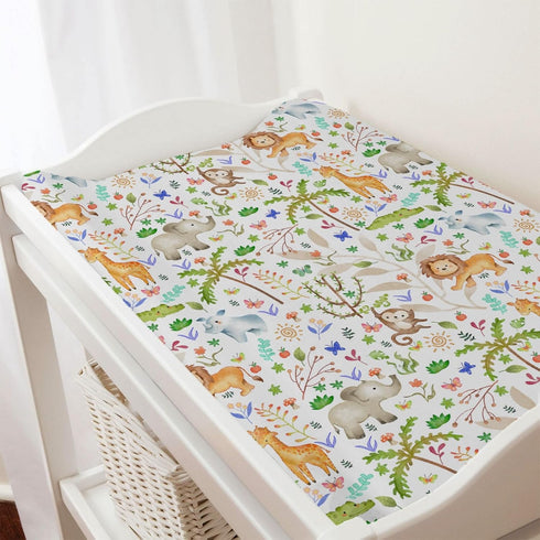 Safari Jungle Animals Trees Changing Pad Cover, Soft Breathable Sheets for Boy Girl with Lion, Elephant, 32''x16''