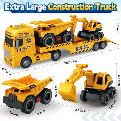 3 4 5 6 7 25" Bstoyder Toddler Boy Toys for Years Kids, Semi Construction Carrier Truck Toy with Excavator and Dump