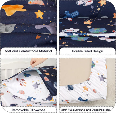 4 Set, Sets Piece Toddler Bedding Ultra Soft and Breathable Cartoon Space Toddler Comforter for Boys Includes Quilted