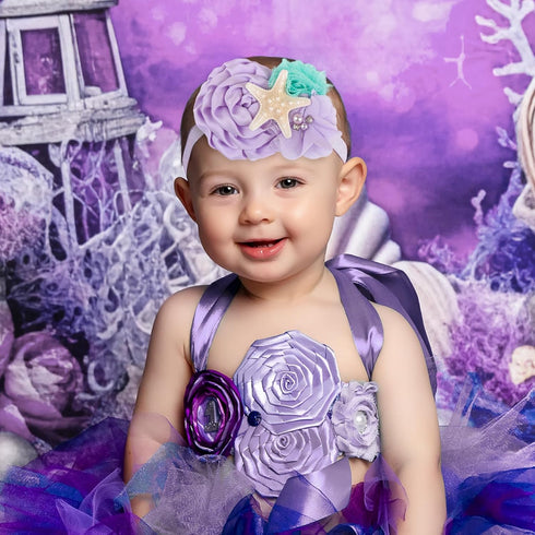 YanJie Baby Girl Mermaid Headbands - Aqua Glitter Accessories, Starfish Bows for Newborn Party, Lavender