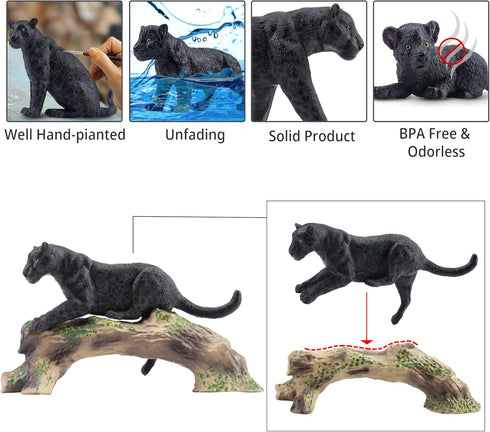 7PCS Playset, Toymany Black Panthers Figurines with Panther Cub and Tree Trunk, Realistic Jungle Animals Figures Family