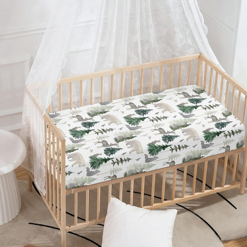 JEPFEIXIA 28"x52" Woodland Forest Animals Fitted Crib Sheet for Boys Girls Watercolor Pine Tree Baby Sheet for Standard
