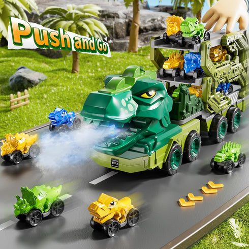 10 1 3-5 4-8 9 5-7 in Dinosaur Truck Toys for Kids Aged with Foldable Race Track, Carrier Truck with Dinosaur Toy Car