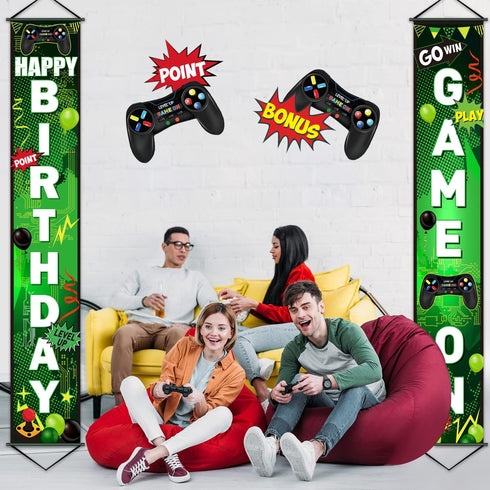 Blulu Game On Birthday Banner, Video Game Party Decorations, Happy Backdrop for Gamer Party Background