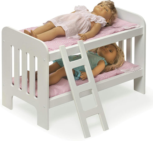 Badger Basket Toy Doll Bunk Bed with Gingham Bedding, Ladder, Personalization Kit for 20 Inch Dolls - White/Pink
