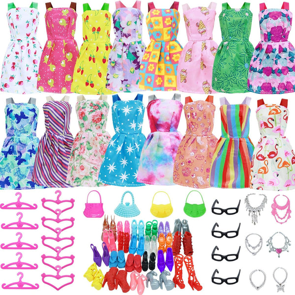 BJDBUS 42 pcs Doll Clothes and Accessories, 10 pcs Fashion Mini Dresses and 32 pcs Shoes, Glasses, Handbag for 11.5