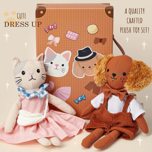 Set 3+ Golray Portable Dress Up Plush Doll with Storage Case, Cat & Dog Stuffed Animal Toys, Doll Clothes with Wooden