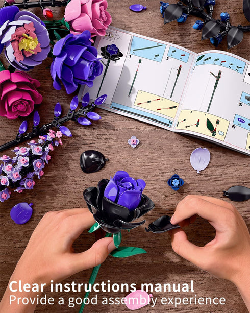 TYCOLE Set 6-12 (806PCS) Flowers Bouquet Building - Purple Roses Botanical Collection Building Blocks for Adult Women