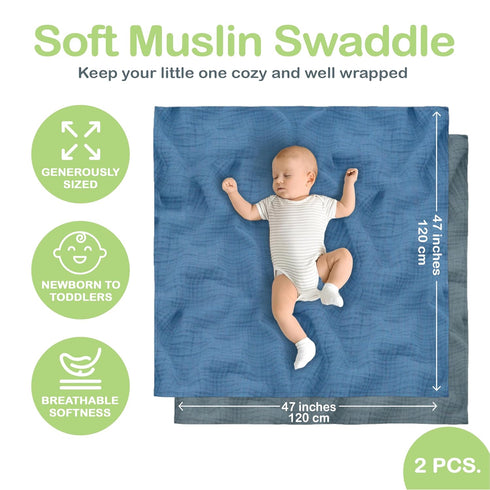 Organic Cotton Baby Muslin Blanket, Large 47x47 inches, Hypoallergenic Swaddle Blanket, Double Layer (Slate/Aquarius)